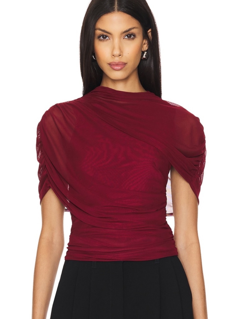 Amanda Uprichard Burgundy Draped Ruched Short Sleeve Top